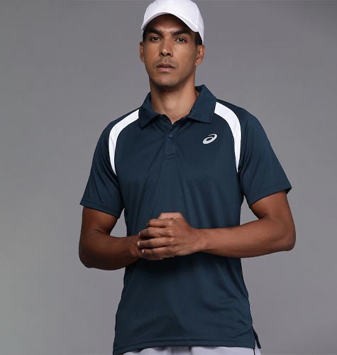 Men Navy Blue Solid Polo Collar Raglan-Sleeve Sports T-shirt